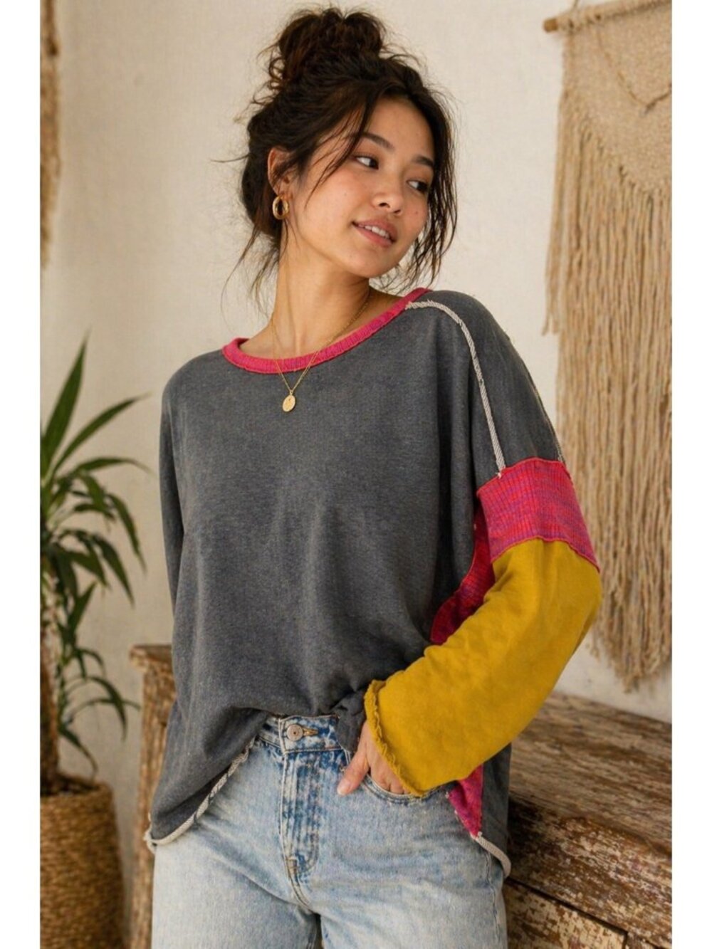 Natural Life Colorblock Sweatshirt Womens S/M Boho Oversized Raw Hem